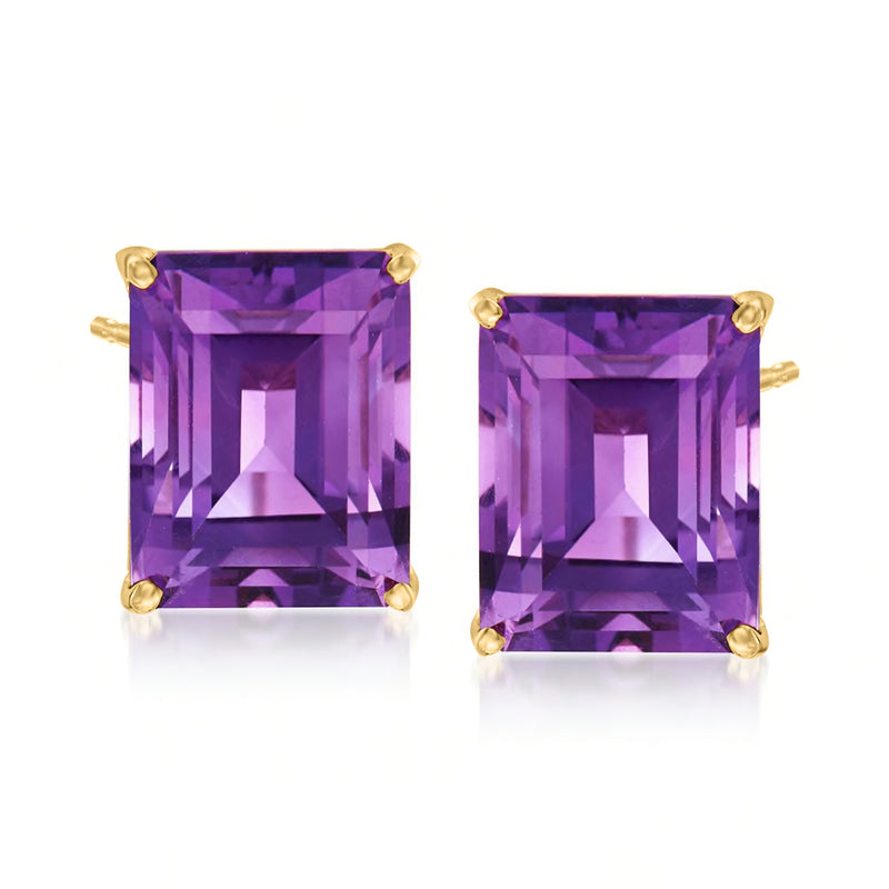 14kt yellow gold amethyst stud earrings, emerald-cut purple stones with four-prong settings