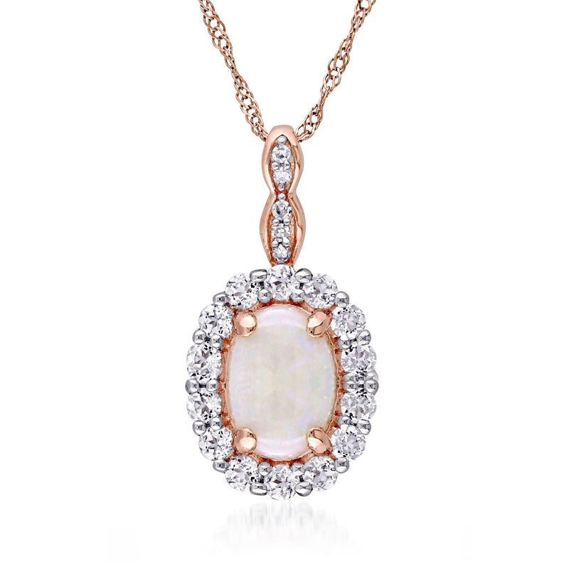 14kt rose gold opal pendant necklace with oval opal center, diamond halo, and link accents