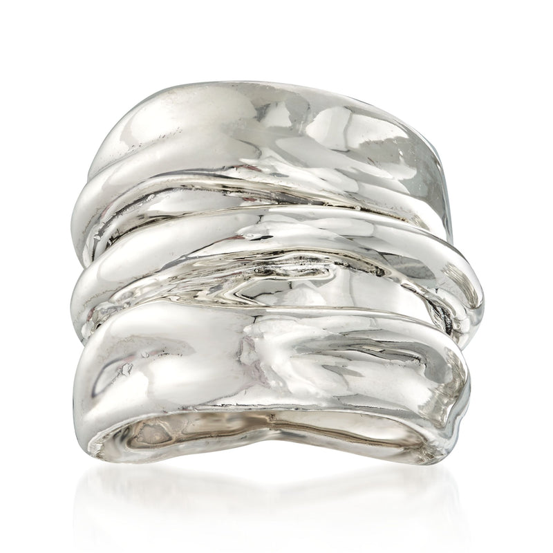 Sterling silver crimped band ring with stacked ridges and shiny reflective finish