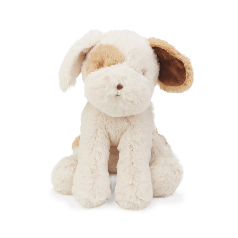 Plush puppy stuffed dog with floppy ears, white and tan, sitting.