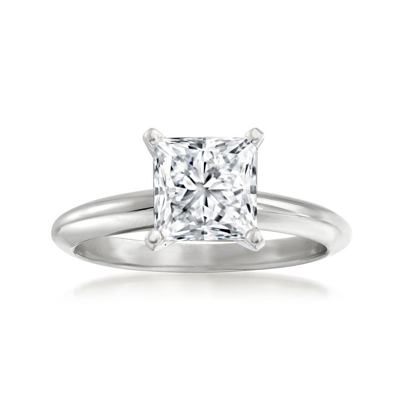 Platinum princess-cut diamond ring with square center stone and side band