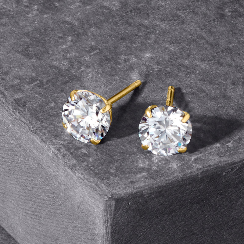 Yellow gold CZ stud earrings with round clear stones and post backs