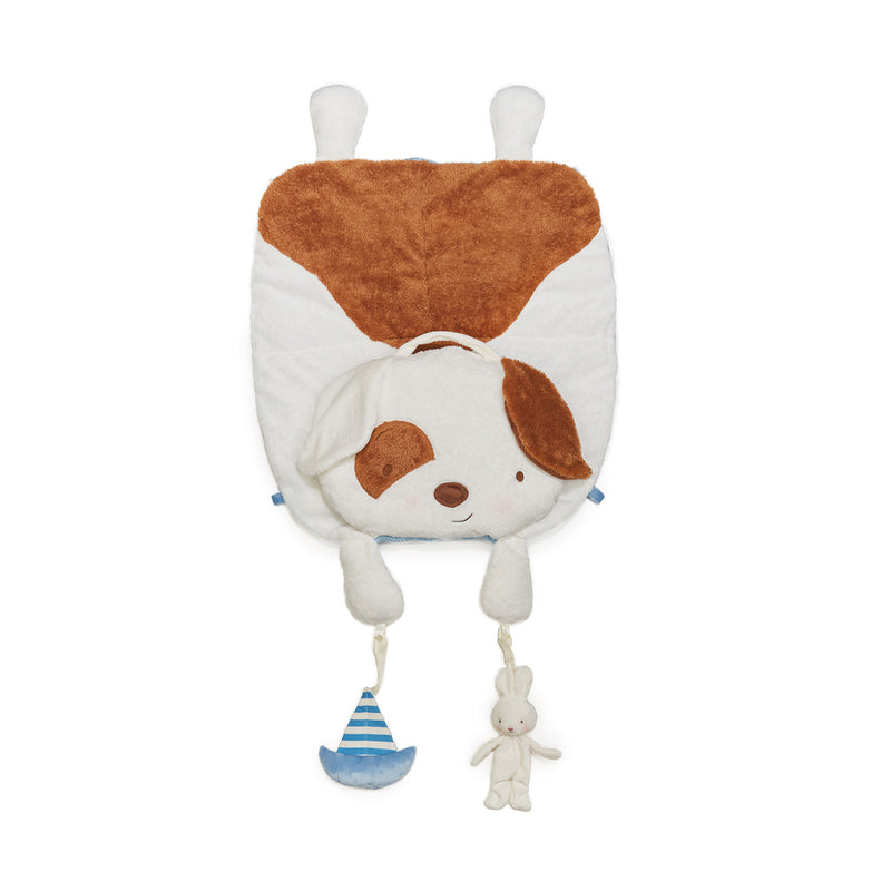 Baby 3-in-1 pillow play mat with plush dog face, brown hood, dangling star and bunny toys