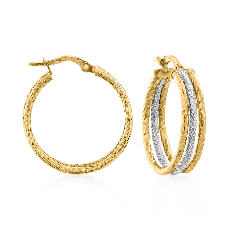 Two-tone gold triple-hoop earrings with textured outer hoops and silver inner band.