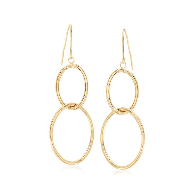 Yellow gold double-oval drop earrings with earwire hooks