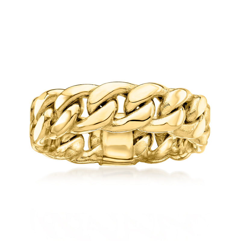 14kt yellow gold curb-link ring with chunky interlocking chain links, polished shine