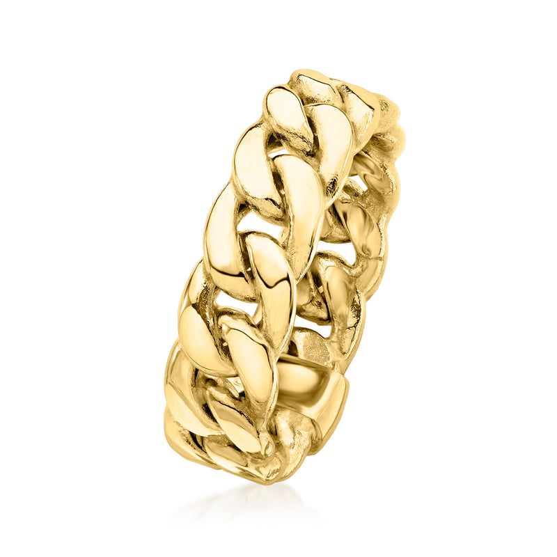 14kt yellow gold curb-link ring, side profile of chunky interlocking chain links