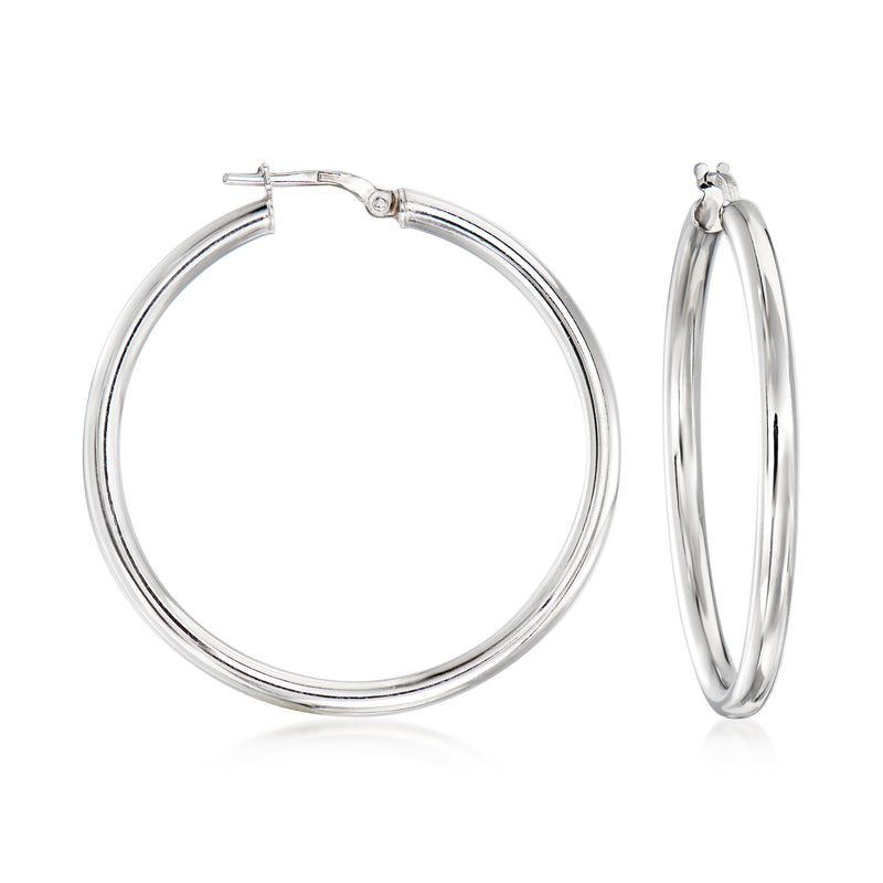 Sterling silver hoop earrings, round seamless loop with latch closure