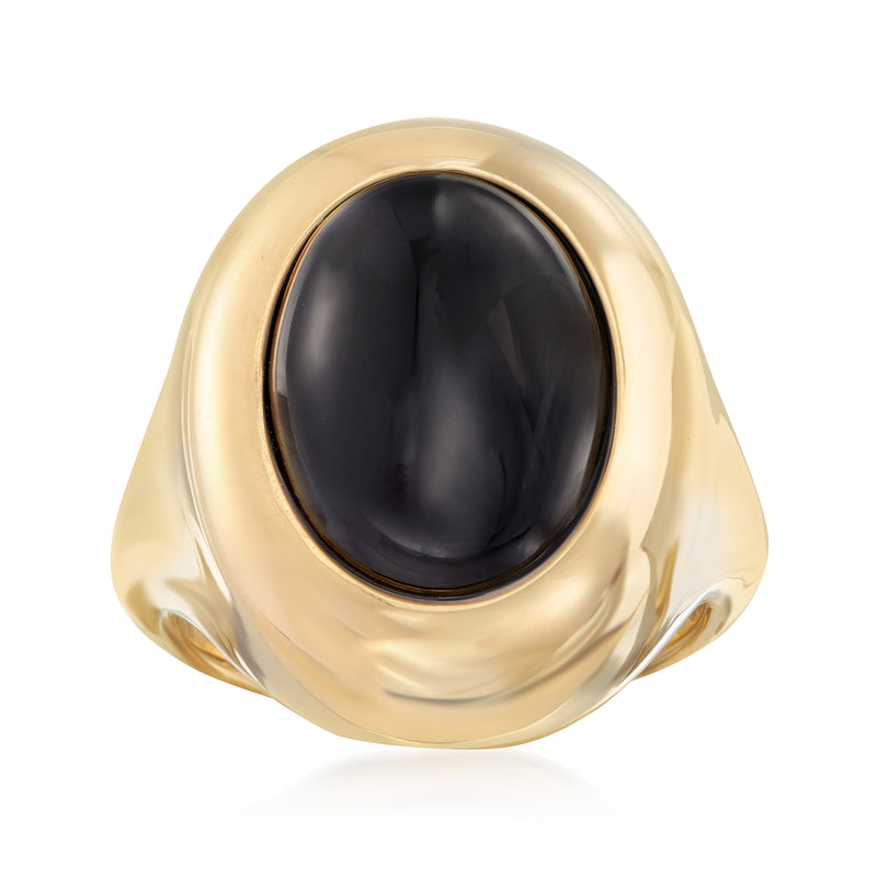 14kt yellow gold over resin ring with oval dark onyx cabochon bezel setting