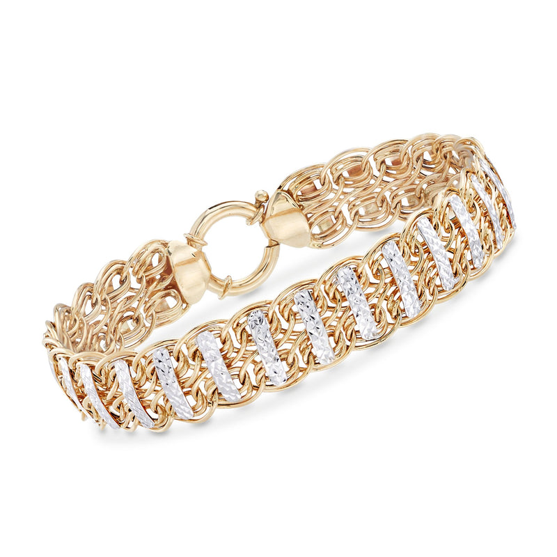 14kt yellow gold bracelet with oval links and diamond-cut bar accents
