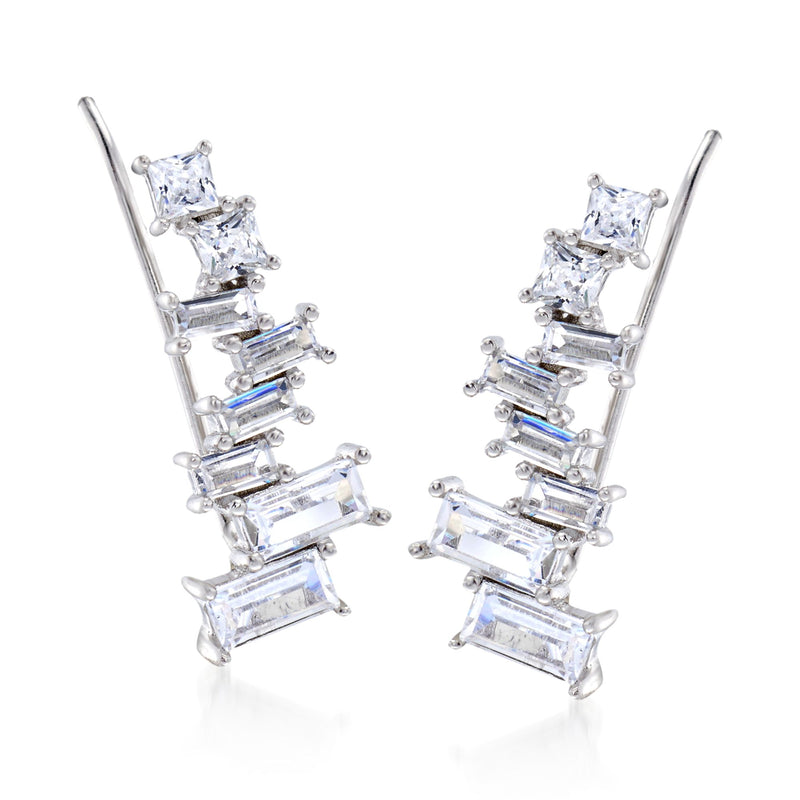 Sterling silver CZ ear climber earrings with baguette and princess-cut stones