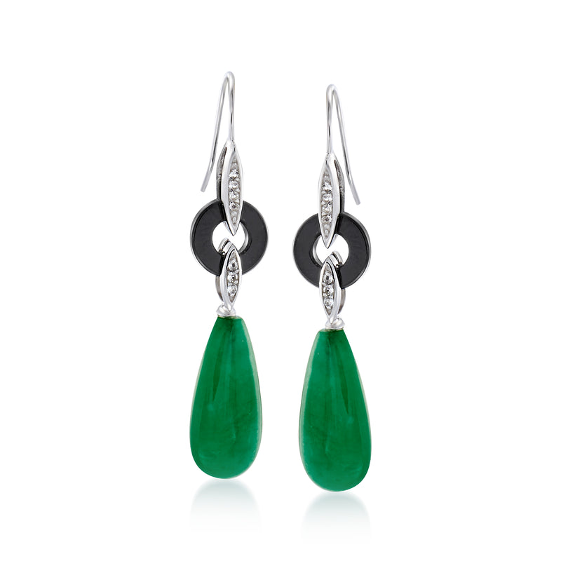 Sterling silver earwire earrings with black disc, green jade teardrops, and white accents