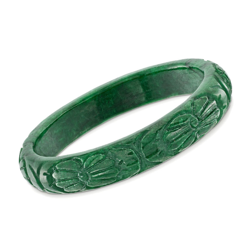 12mm carved jade bangle bracelet, dark green with embossed leaf pattern