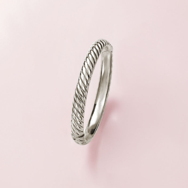 Sterling silver oval bangle bracelet, spiraled ridged profile view