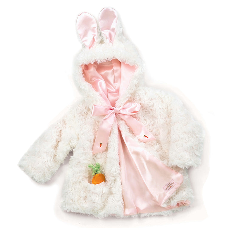 White plush baby cuddle coat with pink hood lining, satin bow, and front pouch