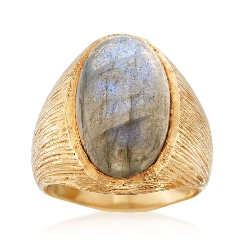 Labradorite cabochon textured gold-tone ring with oval blue-gray stone