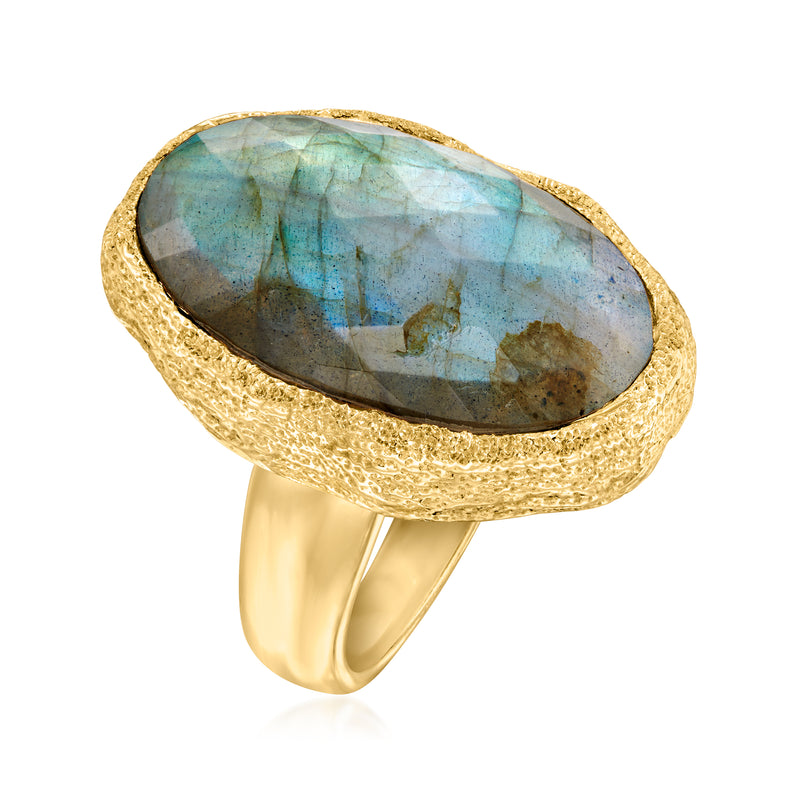 Oval labradorite gemstone ring, gold-tone bezel setting with rounded openwork band