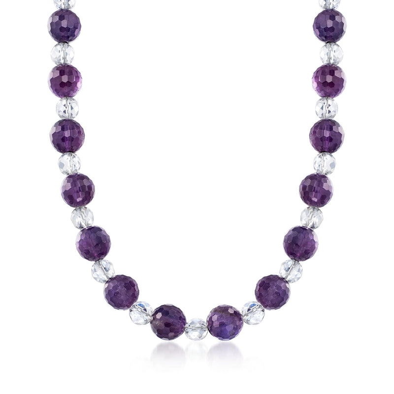 Amethyst and rock crystal bead collar necklace with purple and clear round stones