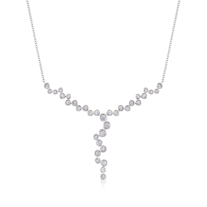 14kt white gold diamond Y-necklace with bezel-set round stones