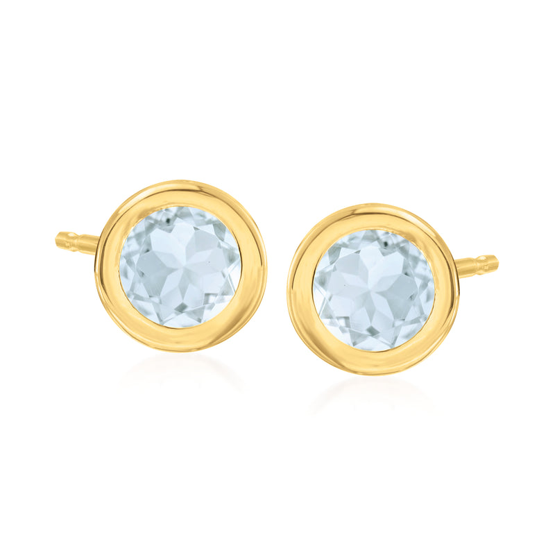 Round aquamarine bezel-set stud earrings in 14kt yellow gold, light blue gemstones