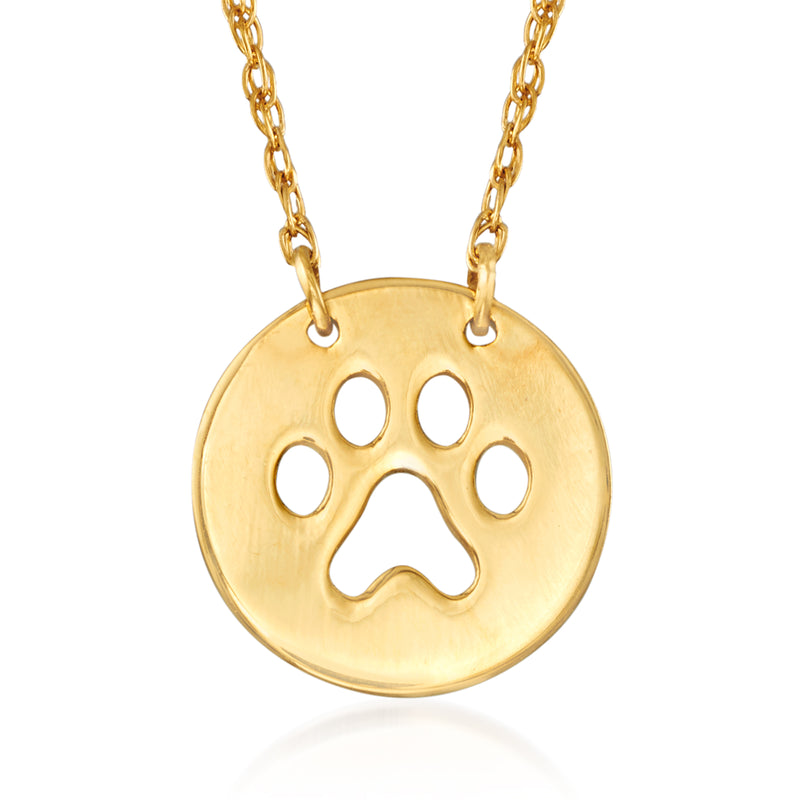 14kt yellow gold paw print cut-out pendant necklace with round disc and link chain