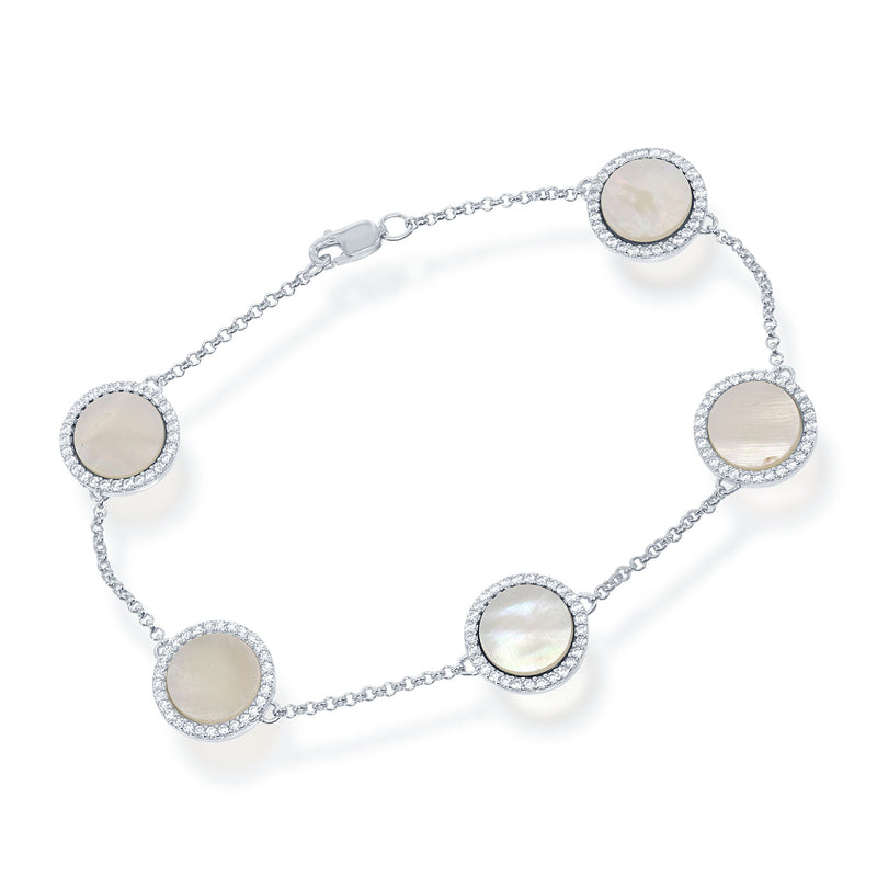 Mother-of-pearl and CZ station bracelet in sterling silver with round bezel-set discs