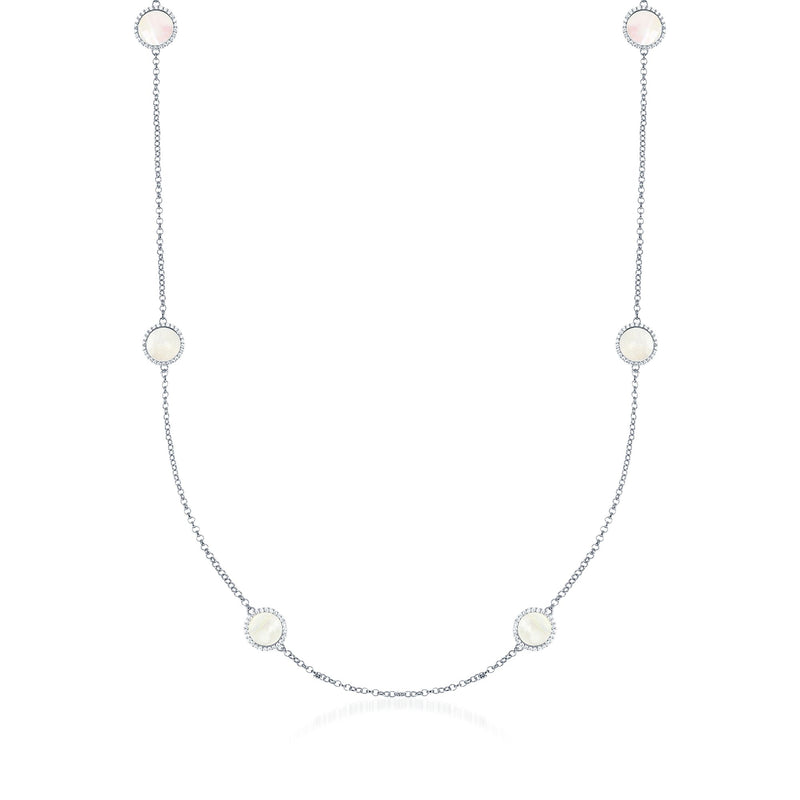 Sterling silver station necklace with round mother-of-pearl discs and CZ accents