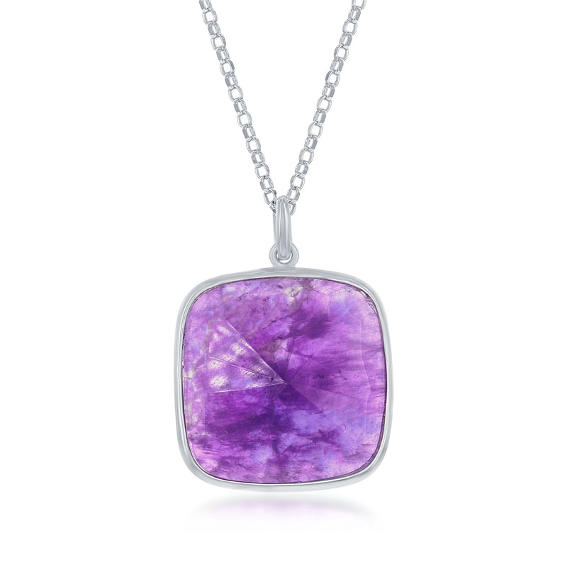 Sterling silver necklace with square amethyst cabochon pendant
