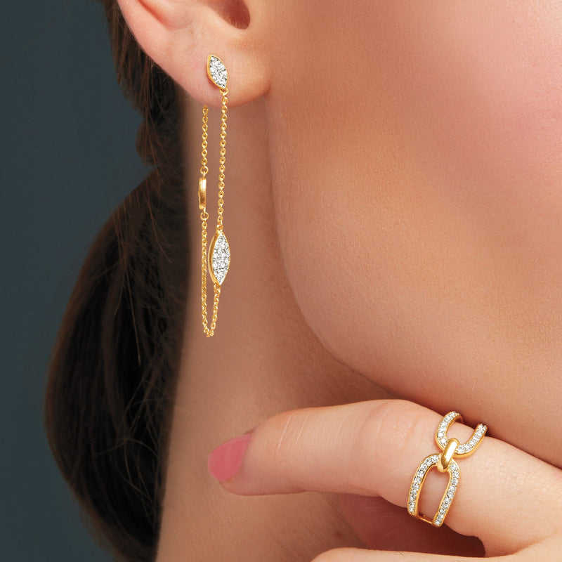 14kt yellow gold diamond front-back drop earrings with marquise-shaped dangles