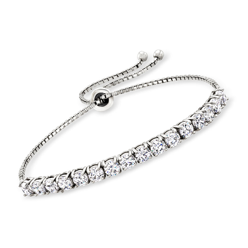 Sterling silver bolo bracelet with clear round CZ stone row and slider clasp