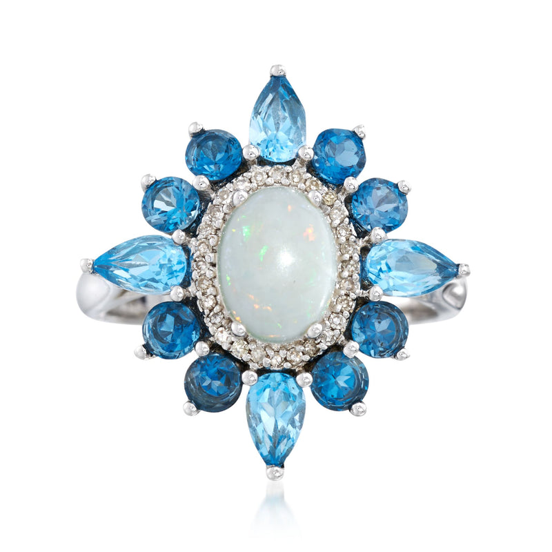 Floral blue topaz and opal ring in 14kt white gold, diamond accents, prong-set.