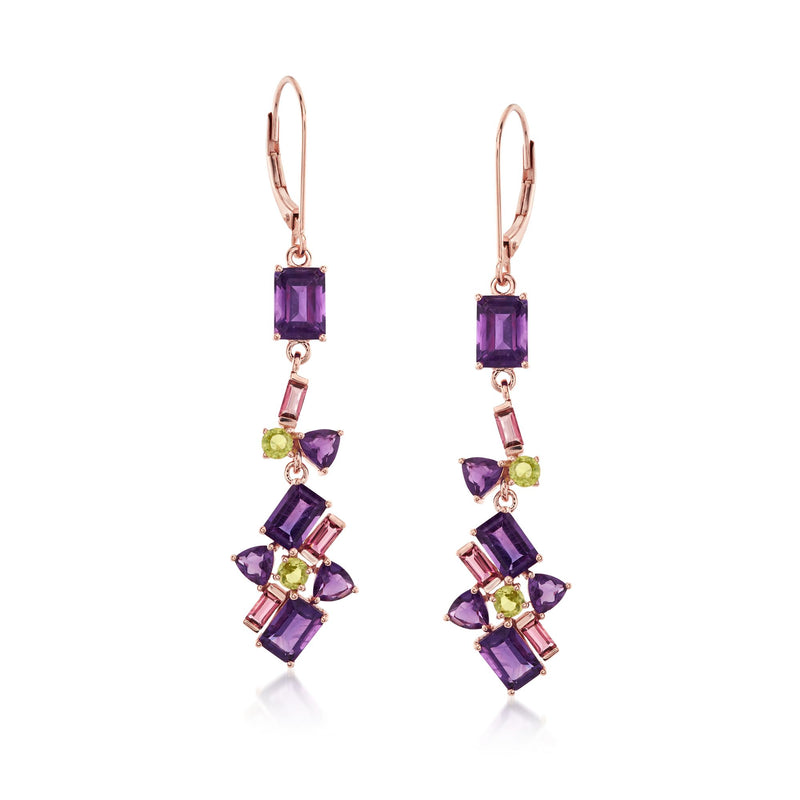 Rose gold leverback drop earrings with purple square stones and green accents