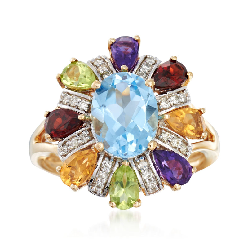 14kt yellow gold multi-stone ring with oval light-blue center and colored gemstones