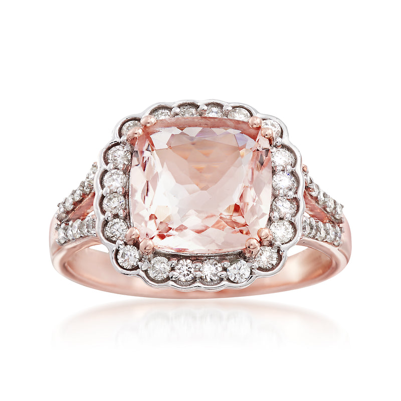 14kt rose gold ring with pink morganite center, diamond halo, split shank