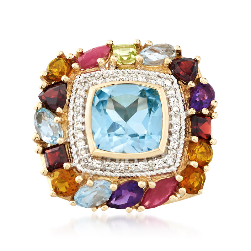 14kt yellow gold ring with square blue center stone, diamond halo, multi-color gemstones