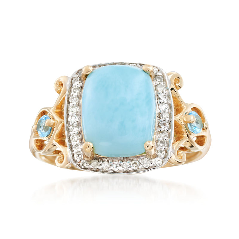 Square sky blue gemstone ring with diamond halo, 14kt yellow gold
