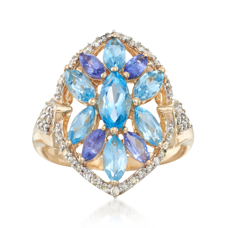 14kt yellow gold marquise multi-stone ring with blue oval and marquise gems