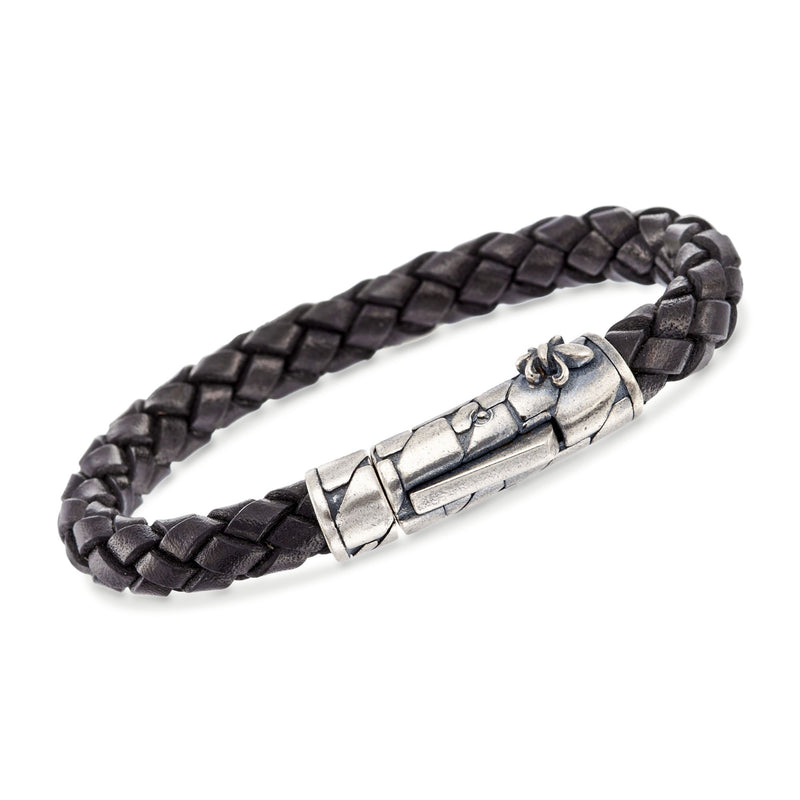 Men's woven black leather bracelet with engraved sterling silver clasp