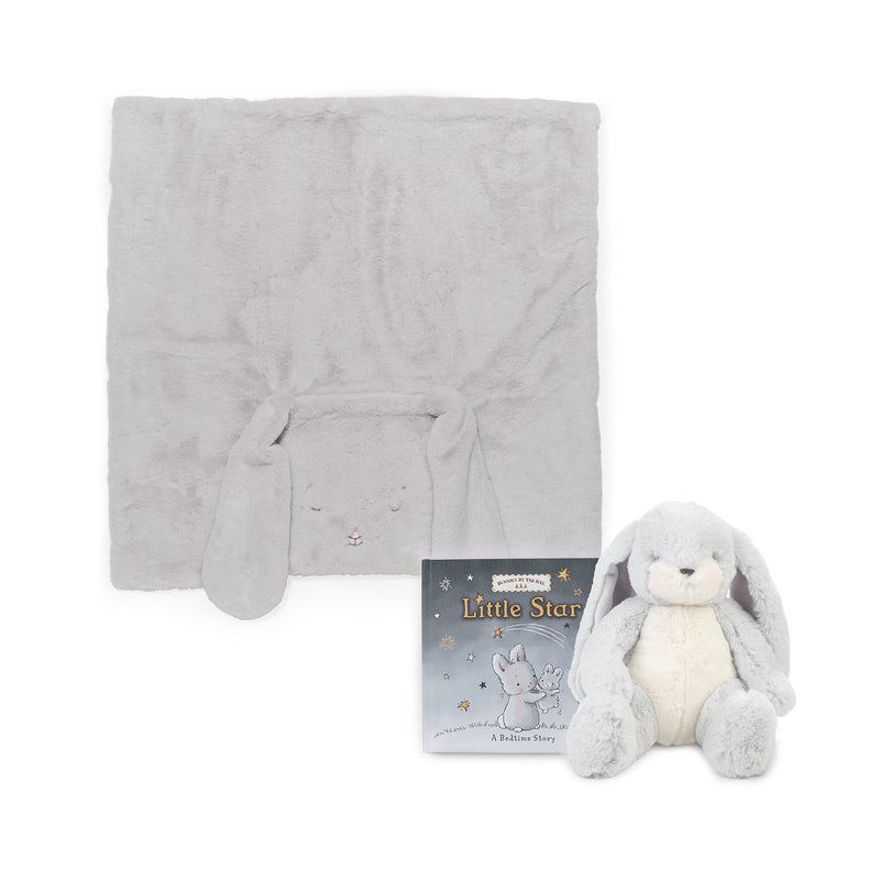 3-piece bloom bunny set with light gray blanket and small plush bunny, soft stars design