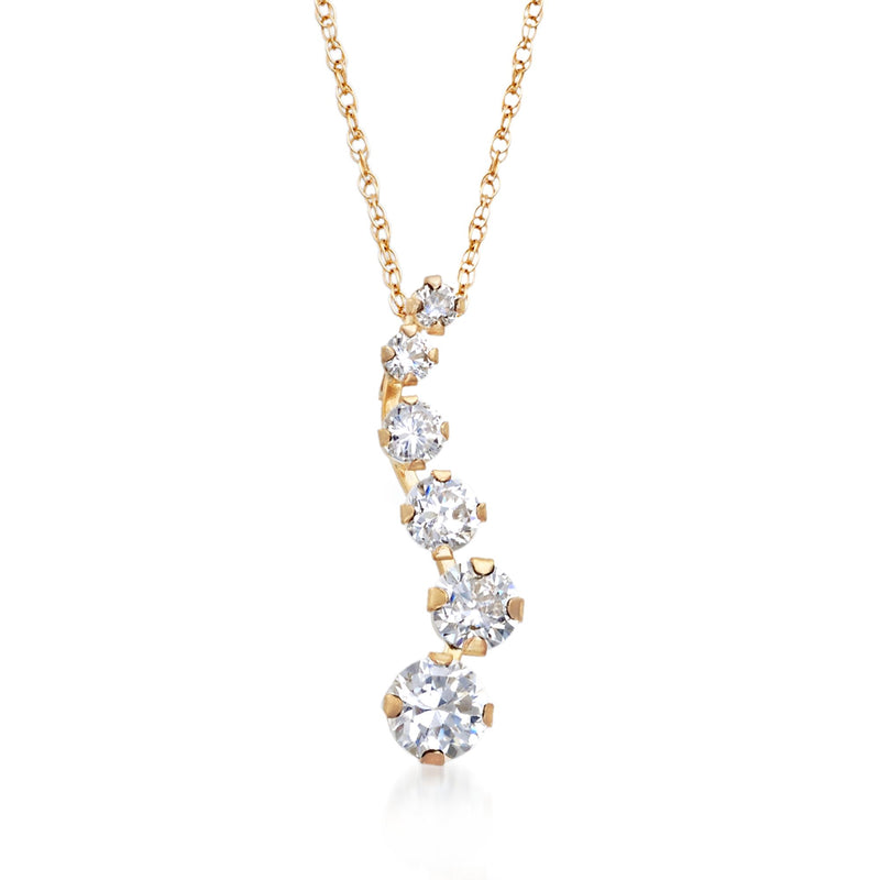14kt yellow gold CZ journey pendant necklace with round white stones, vertical design