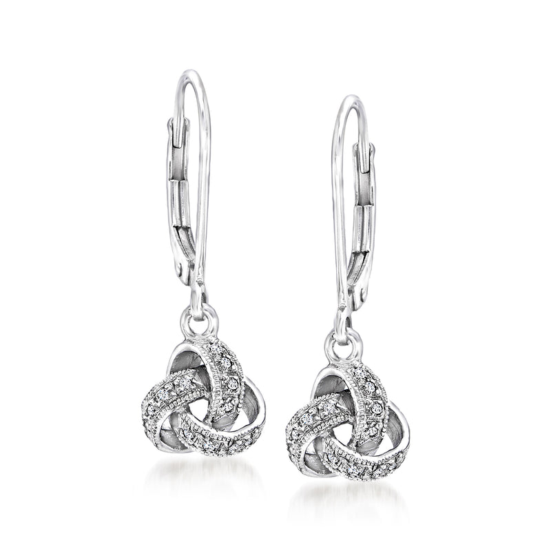 Sterling silver diamond love knot drop earrings with leverback closure, dangling sparkle