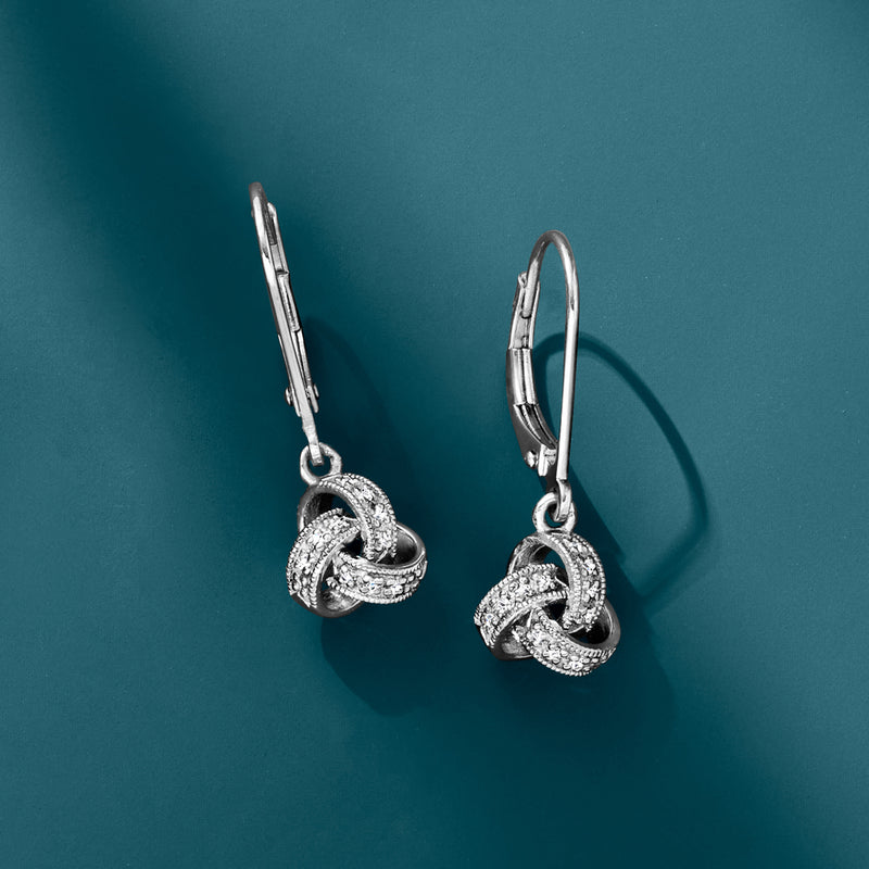Sterling silver diamond love knot leverback drop earrings