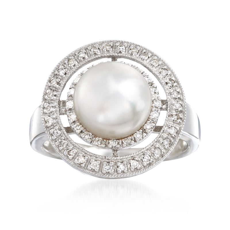 14kt white gold ring with 8.5mm cultured pearl and double halo diamonds