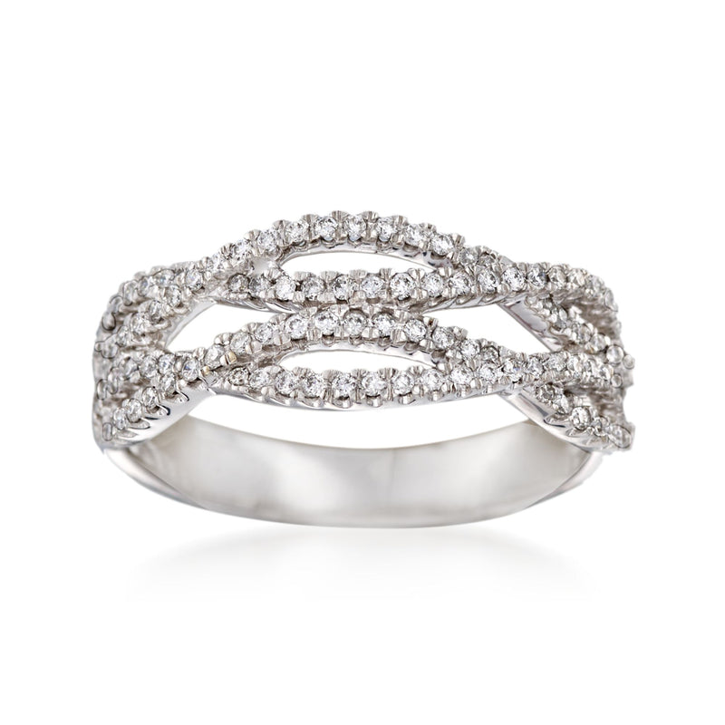 14kt white gold crisscross diamond ring with pave-set stones, wide contoured band