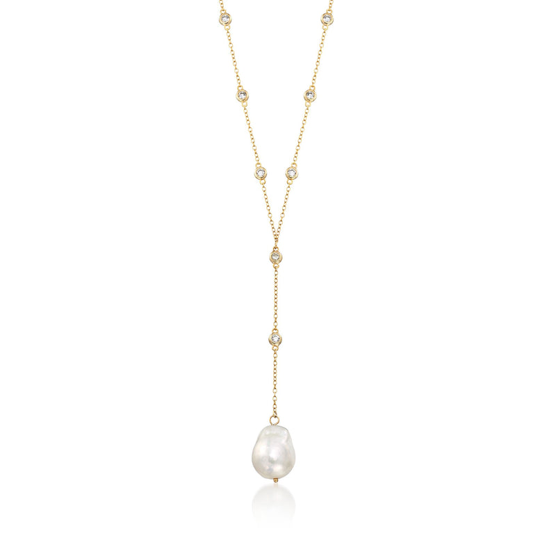 Gold-tone Y-necklace with baroque cultured pearl pendant and CZ accents