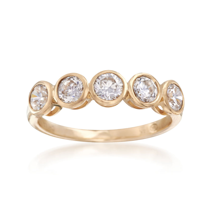 14kt yellow gold bezel-set CZ ring with five round stones, polished band