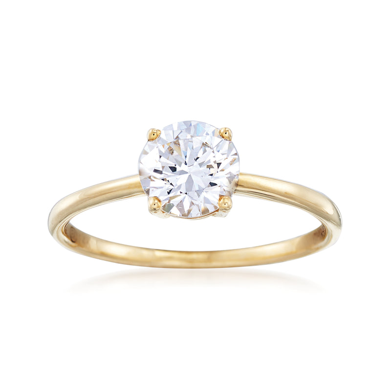 14kt yellow gold solitaire ring with round clear CZ gemstone, 4-prong setting