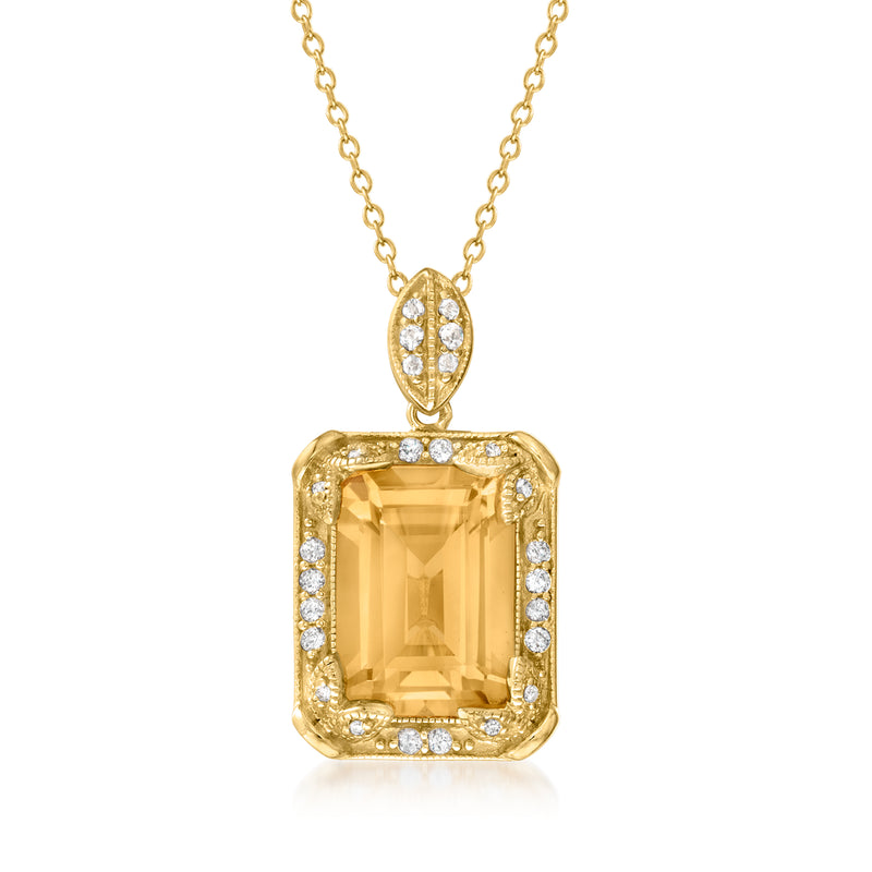 Gold-tone citrine pendant necklace with rectangular stone and small diamond halos