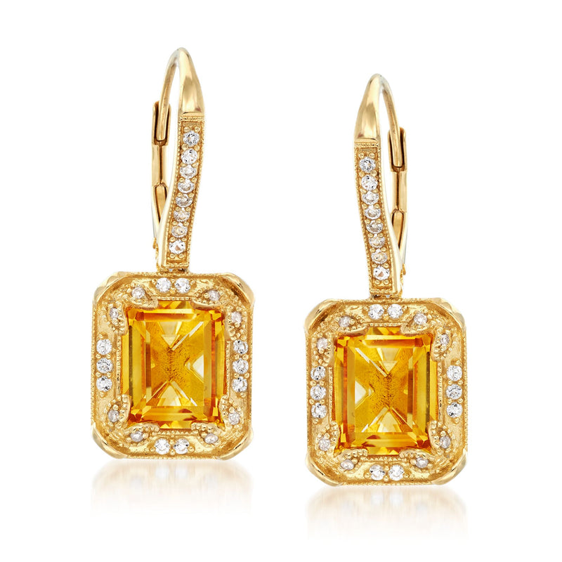 14kt gold leverback earrings with square citrine center and white topaz diamond halos