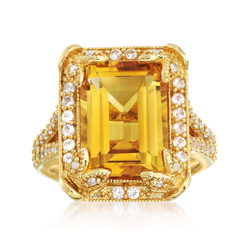 Gold over sterling ring with large yellow citrine center and diamond halo